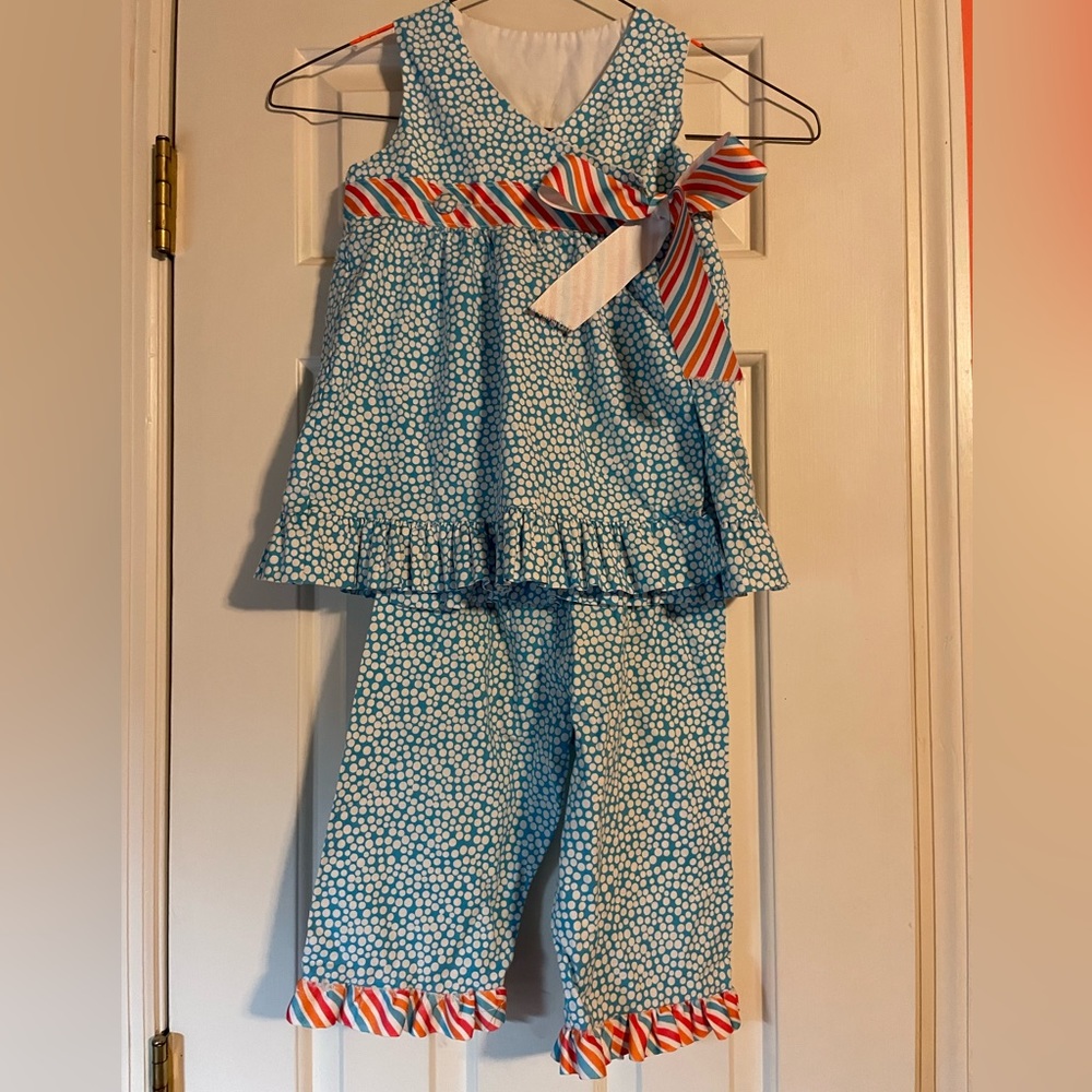 Blue polka dot shirt and pants